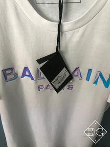 Balmain "HOLOGRAPHIC Logo" T-Shirt styled in White Spring/Summer 2021